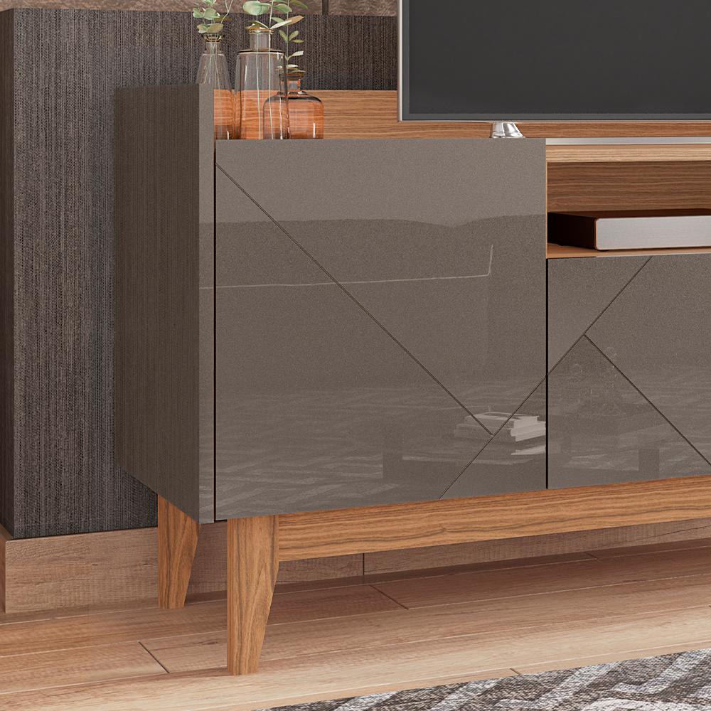Rack Adria 1.58 Tv 60 Polegadas 4 Portas Detalhes Frisados Pés Retrô Madeira Decoração Sala Estar Cinza Pérola/Noce - Lojas RPM
