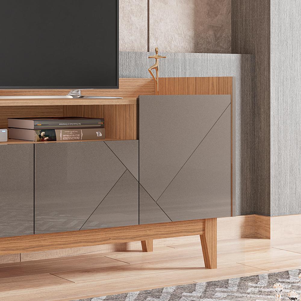 Rack Adria 1.58 Tv 60 Polegadas 4 Portas Detalhes Frisados Pés Retrô Madeira Decoração Sala Estar Cinza Pérola/Noce - Lojas RPM