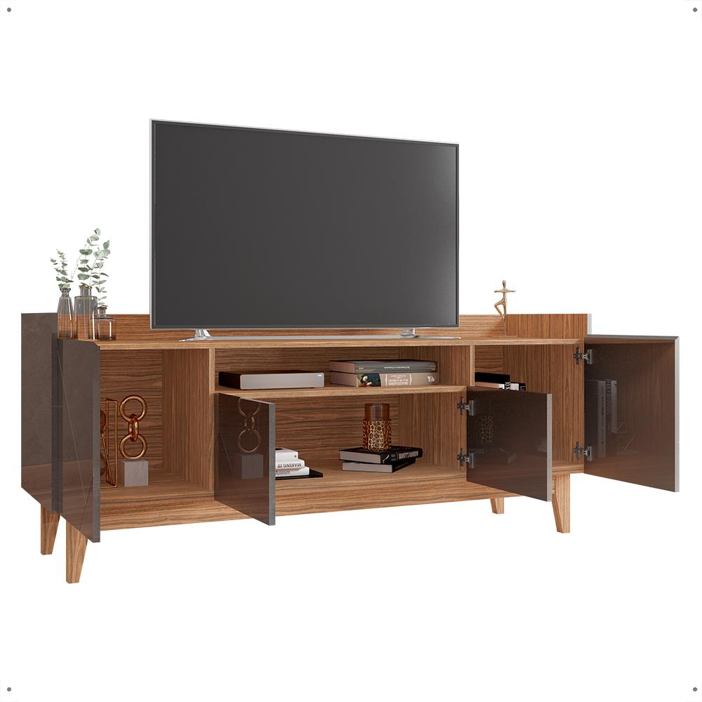 Rack Adria 1.58 Tv 60 Polegadas 4 Portas Detalhes Frisados Pés Retrô Madeira Decoração Sala Estar Cinza Pérola/Noce - Lojas RPM