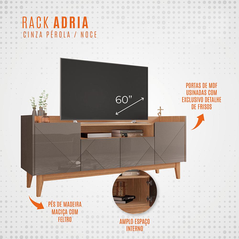 Rack Adria 1.58 Tv 60 Polegadas 4 Portas Detalhes Frisados Pés Retrô Madeira Decoração Sala Estar Cinza Pérola/Noce - Lojas RPM