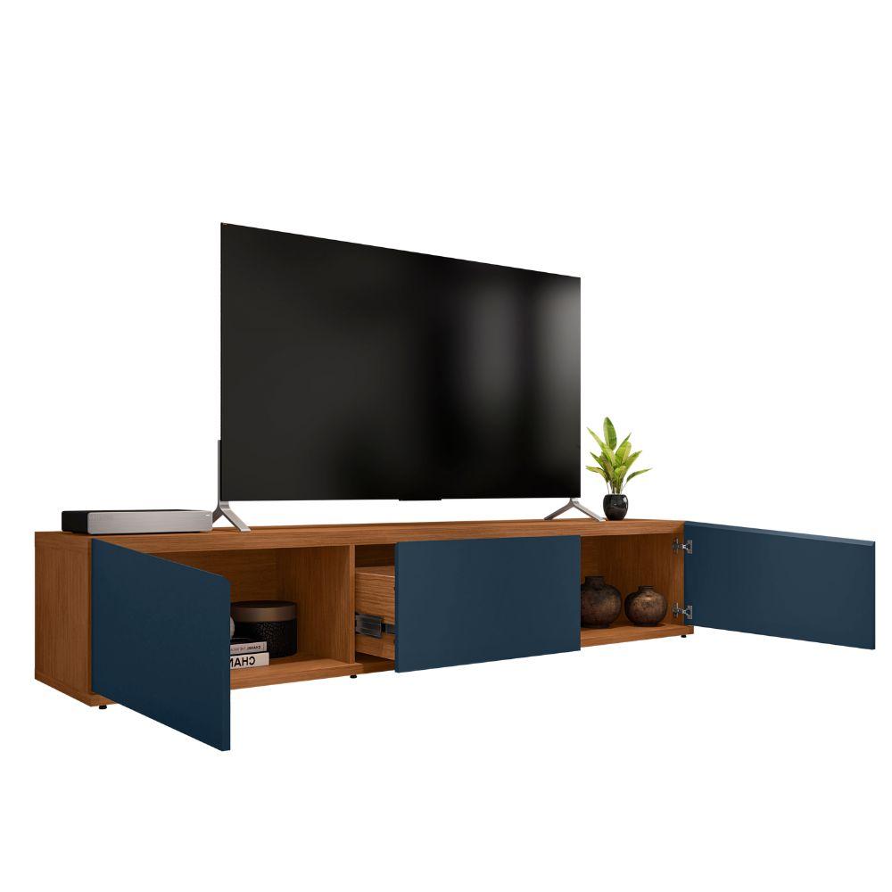 Rack Bancada Eros 1.8m TV 32 40 42 47 50 55 60 Polegadas 2 Portas Gaveta Organizadora Sala Quarto Moderno Cedro/Azul Cobalto - RPM