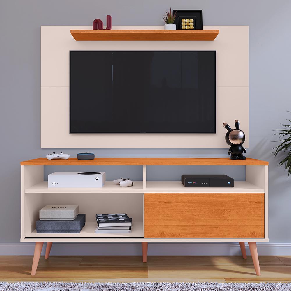 Rack Bancada Estante Painel TV Smart 48 Polegadas Home Pequeno Nicho Porta Correr Pés Palito Retrô Sala Quarto Samba Off White/Cinamomo - RPM