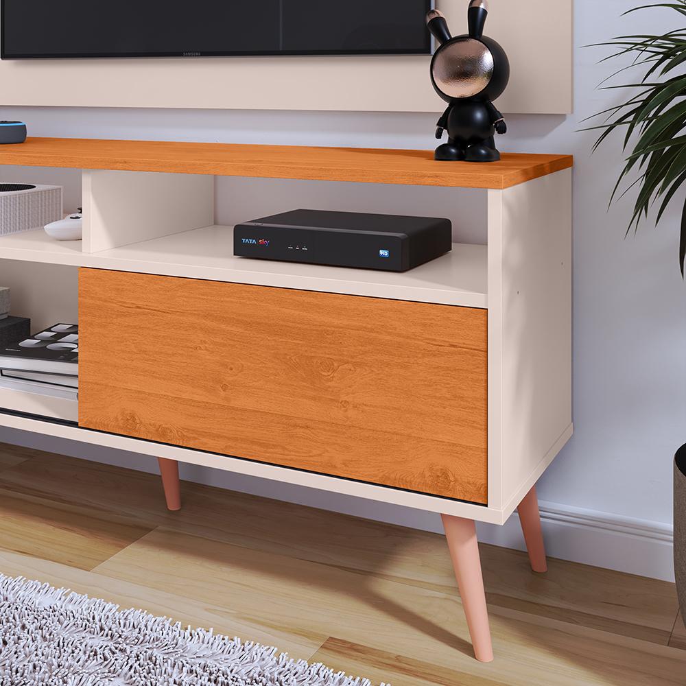 Rack Bancada Estante Painel TV Smart 48 Polegadas Home Pequeno Nicho Porta Correr Pés Palito Retrô Sala Quarto Samba Off White/Cinamomo - RPM