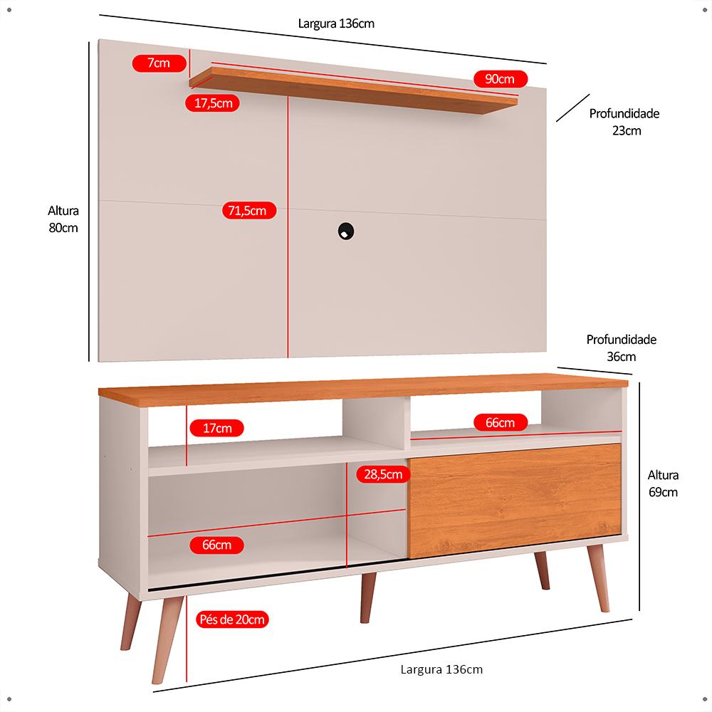 Rack Bancada Estante Painel TV Smart 48 Polegadas Home Pequeno Nicho Porta Correr Pés Palito Retrô Sala Quarto Samba Off White/Cinamomo - RPM