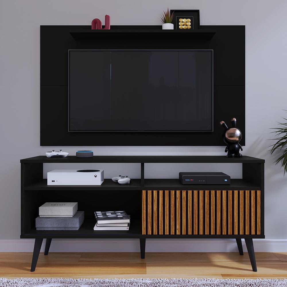 Rack Bancada Estante Painel TV Smart 48 Polegadas Home Pequeno Nicho Porta Correr Pés Palito Retrô Sala Quarto Samba Preto/Ripado - RPM