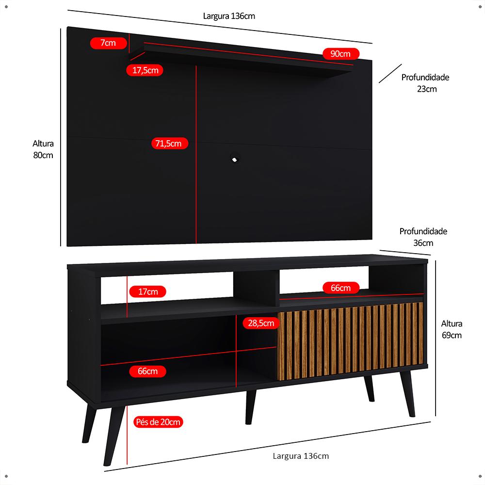 Rack Bancada Estante Painel TV Smart 48 Polegadas Home Pequeno Nicho Porta Correr Pés Palito Retrô Sala Quarto Samba Preto/Ripado - RPM