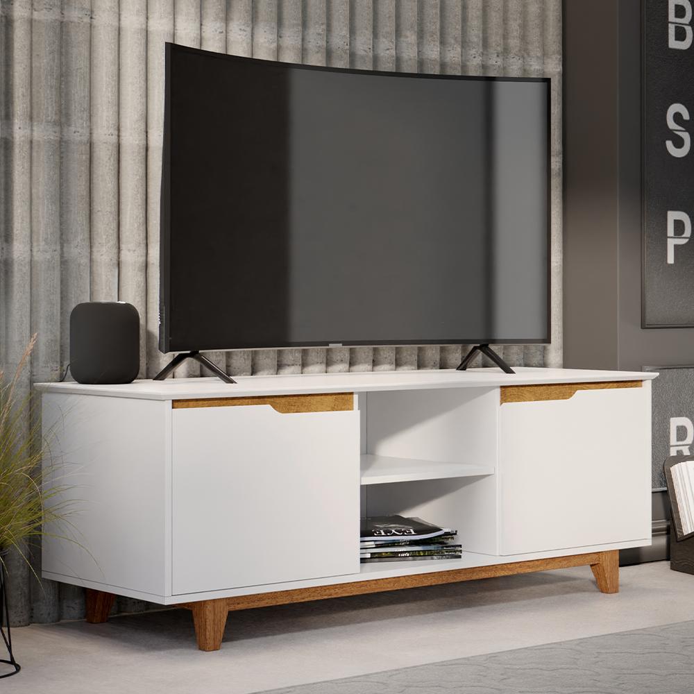 Rack Bancada Flow Tv 55 Polegadas Pés Madeira 2 Portas Prateleira Decoração Retrô Sala Branco - Lojas RPM