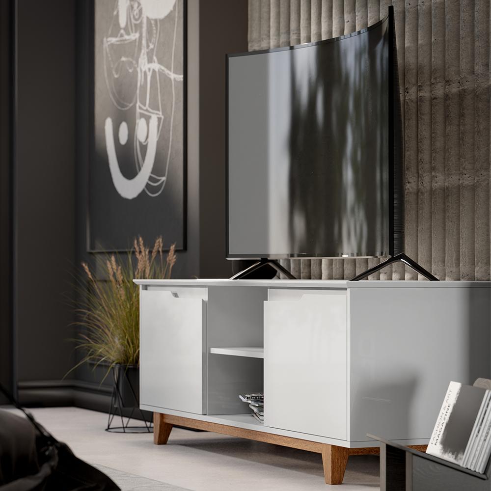 Rack Bancada Flow Tv 55 Polegadas Pés Madeira 2 Portas Prateleira Decoração Retrô Sala Branco - Lojas RPM