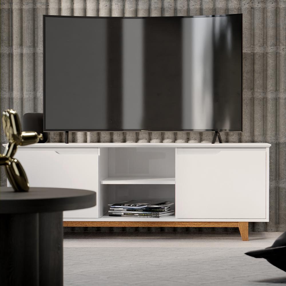 Rack Bancada Flow Tv 55 Polegadas Pés Madeira 2 Portas Prateleira Decoração Retrô Sala Branco - Lojas RPM