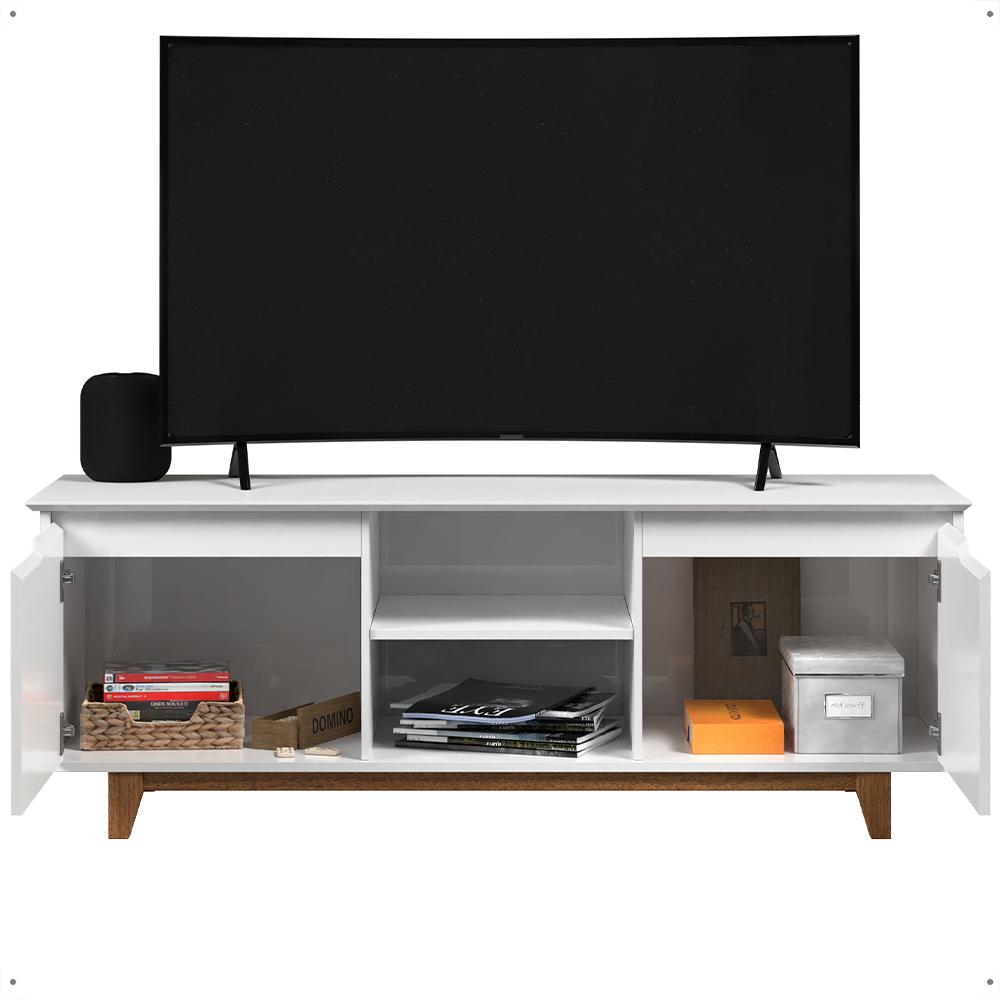 Rack Bancada Flow Tv 55 Polegadas Pés Madeira 2 Portas Prateleira Decoração Retrô Sala Branco - Lojas RPM