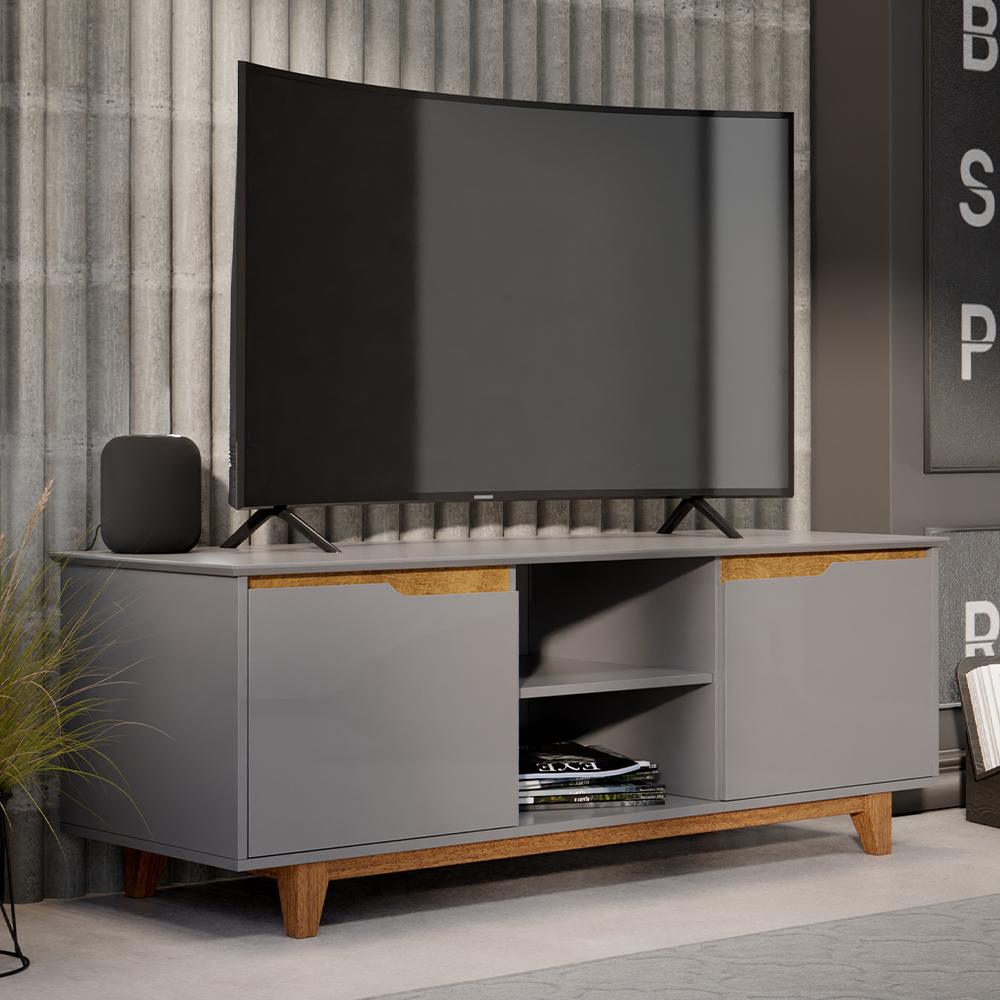 Rack Bancada Flow Tv 55 Polegadas Pés Madeira 2 Portas Prateleira Decoração Retrô Sala Cinza - Lojas RPM