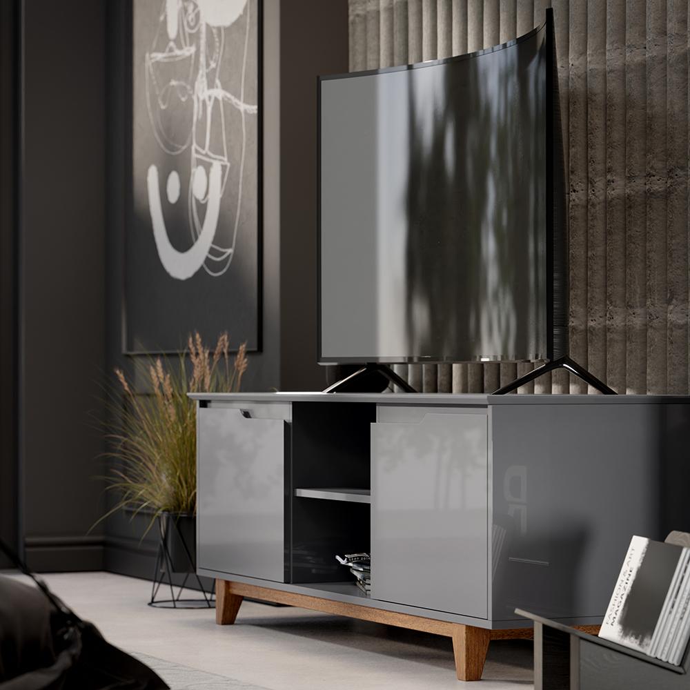 Rack Bancada Flow Tv 55 Polegadas Pés Madeira 2 Portas Prateleira Decoração Retrô Sala Cinza - Lojas RPM