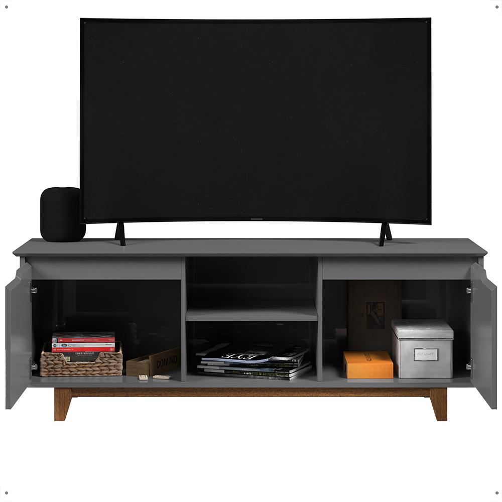 Rack Bancada Flow Tv 55 Polegadas Pés Madeira 2 Portas Prateleira Decoração Retrô Sala Cinza - Lojas RPM