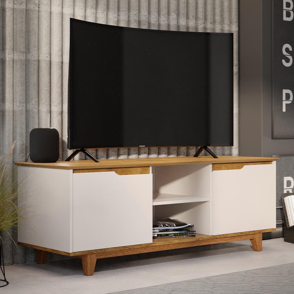 Rack Bancada Flow Tv 55 Polegadas Pés Madeira 2 Portas Prateleira Decoração Retrô Sala Off White/Freijó - Lojas RPM