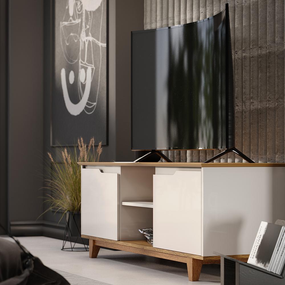 Rack Bancada Flow Tv 55 Polegadas Pés Madeira 2 Portas Prateleira Decoração Retrô Sala Off White/Freijó - Lojas RPM