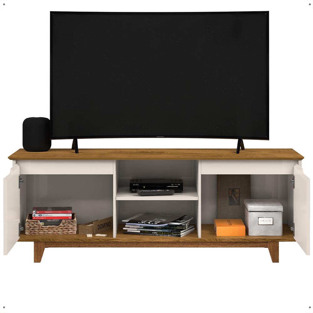 Rack Bancada Flow Tv 55 Polegadas Pés Madeira 2 Portas Prateleira Decoração Retrô Sala Off White/Freijó - Lojas RPM