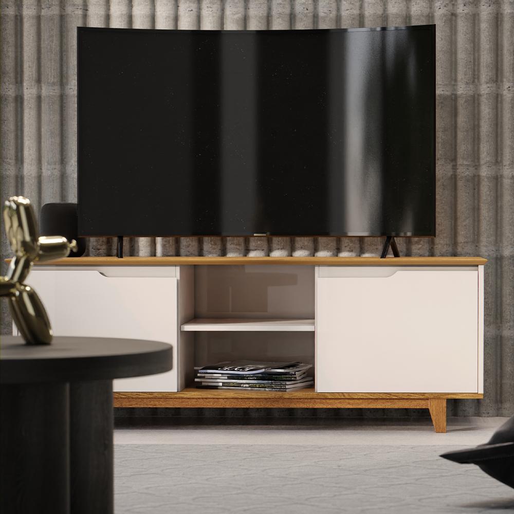 Rack Bancada Flow Tv 55 Polegadas Pés Madeira 2 Portas Prateleira Decoração Retrô Sala Off White/Freijó - Lojas RPM