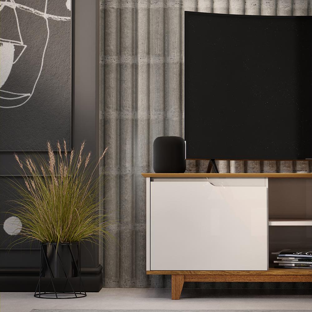 Rack Bancada Flow Tv 55 Polegadas Pés Madeira 2 Portas Prateleira Decoração Retrô Sala Off White/Freijó - Lojas RPM