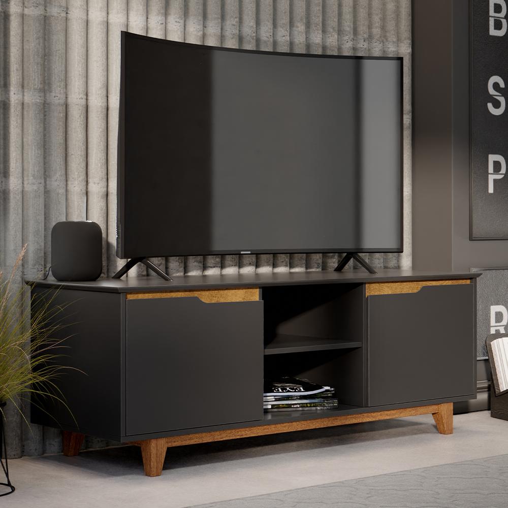 Rack Bancada Flow Tv 55 Polegadas Pés Madeira 2 Portas Prateleira Decoração Retrô Sala Preto - Lojas RPM