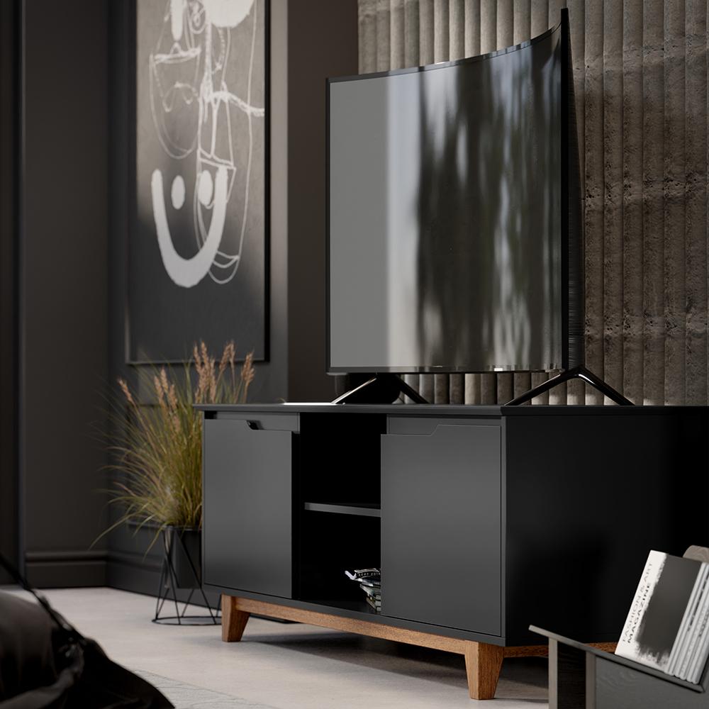 Rack Bancada Flow Tv 55 Polegadas Pés Madeira 2 Portas Prateleira Decoração Retrô Sala Preto - Lojas RPM