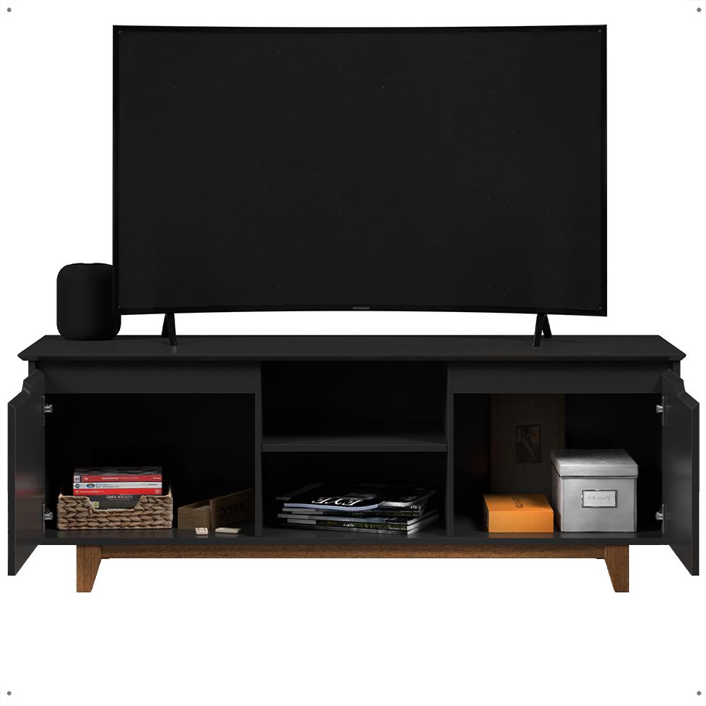 Rack Bancada Flow Tv 55 Polegadas Pés Madeira 2 Portas Prateleira Decoração Retrô Sala Preto - Lojas RPM