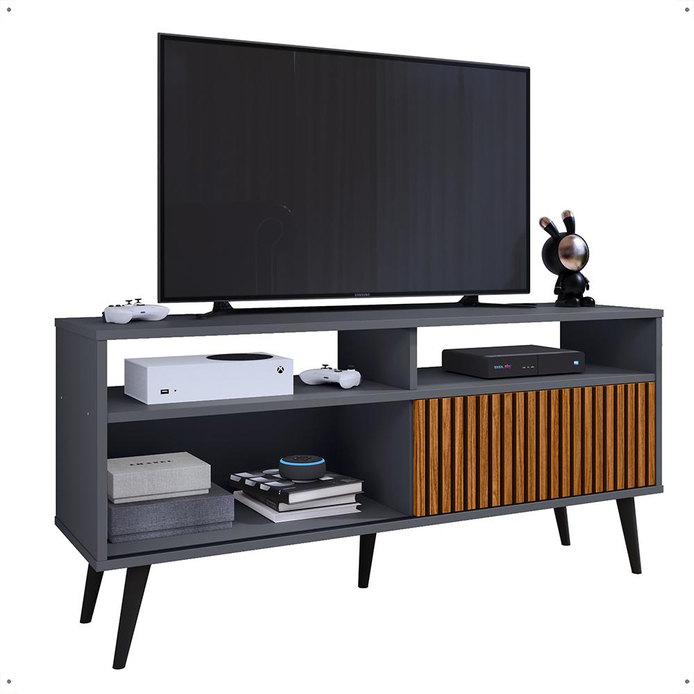 Rack Bancada Home Samba Estante Tv 55 Polegadas Nicho Organizador Porta Correr Sala Quarto Pequeno Retrô - Cinza/Ripado - RPM