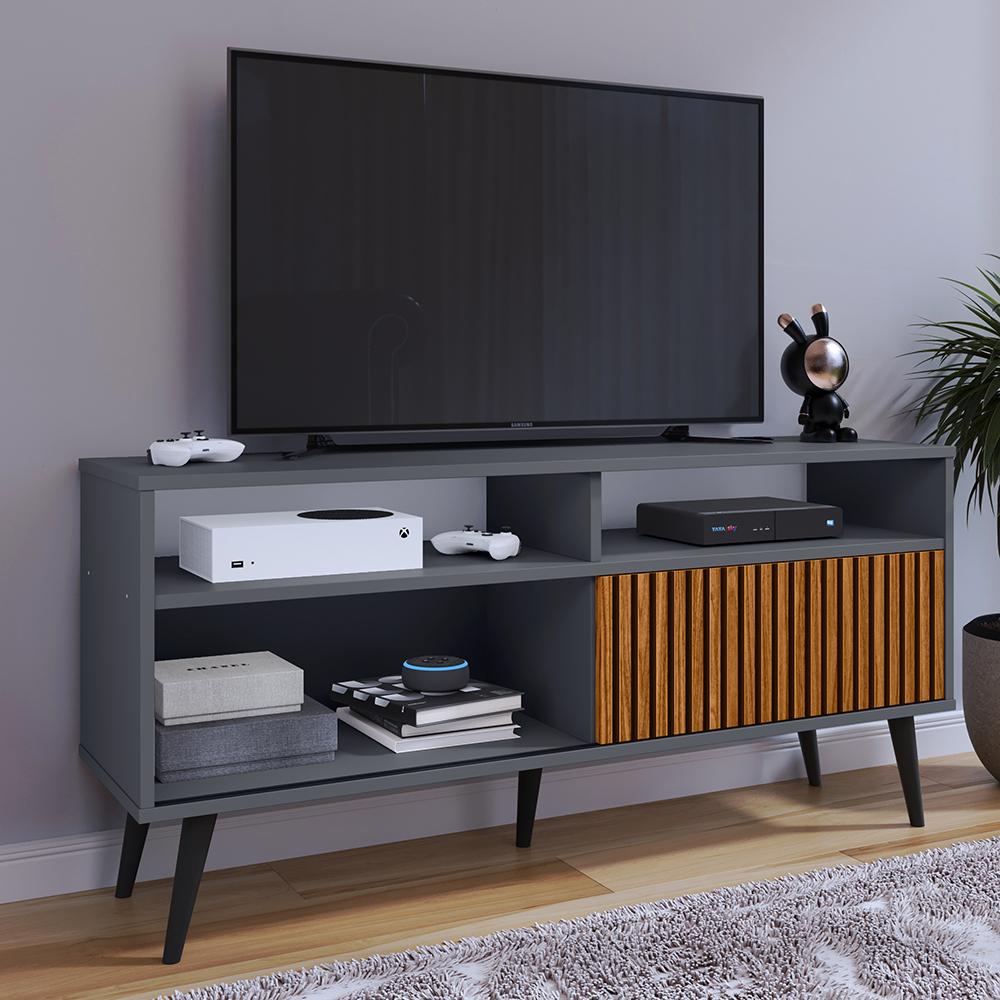 Rack Bancada Home Samba Estante Tv 55 Polegadas Nicho Organizador Porta Correr Sala Quarto Pequeno Retrô - Cinza/Ripado - RPM