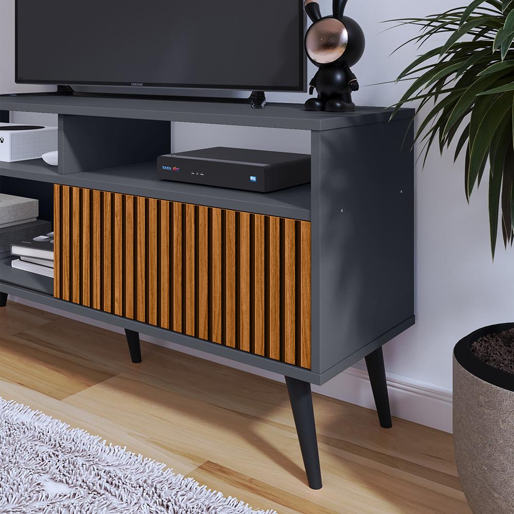 Rack Bancada Home Samba Estante Tv 55 Polegadas Nicho Organizador Porta Correr Sala Quarto Pequeno Retrô - Cinza/Ripado - RPM