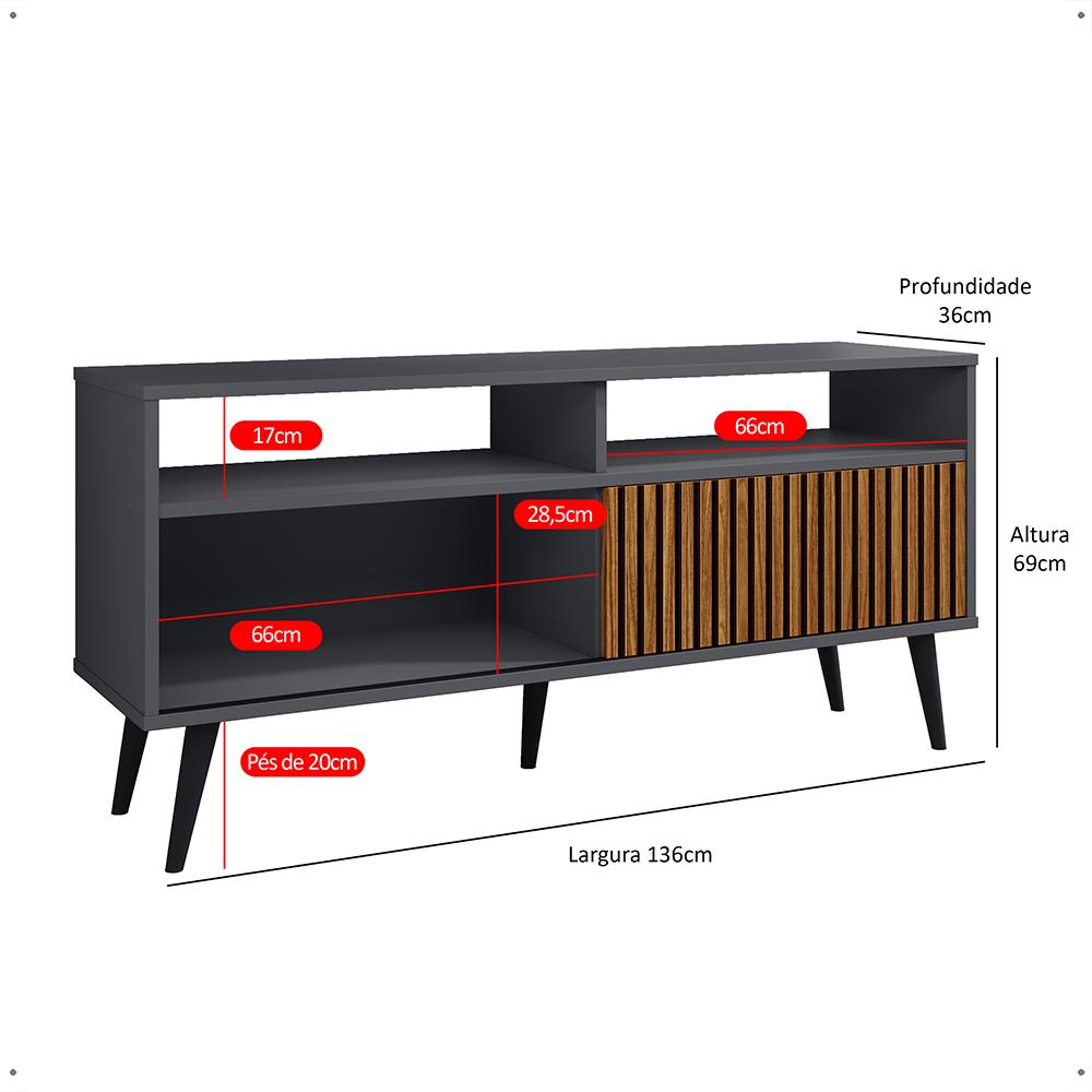 Rack Bancada Home Samba Estante Tv 55 Polegadas Nicho Organizador Porta Correr Sala Quarto Pequeno Retrô - Cinza/Ripado - RPM