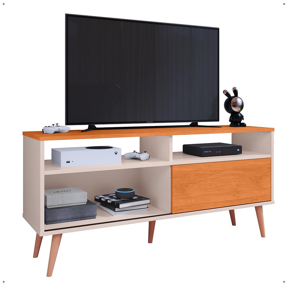 Rack Bancada Home Samba Estante Tv 55 Polegadas Nicho Organizador Porta Correr Sala Quarto Pequeno Retrô - Off White/Cinamomo - RPM