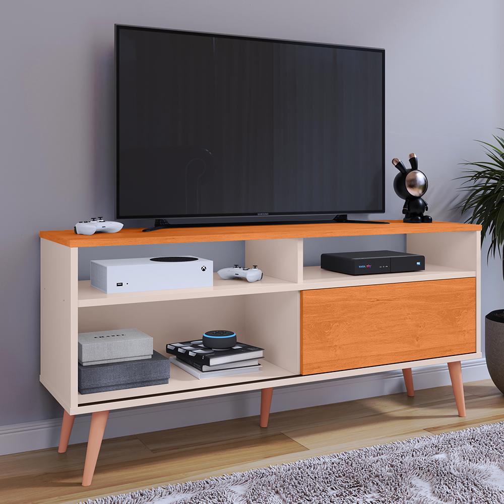Rack Bancada Home Samba Estante Tv 55 Polegadas Nicho Organizador Porta Correr Sala Quarto Pequeno Retrô - Off White/Cinamomo - RPM