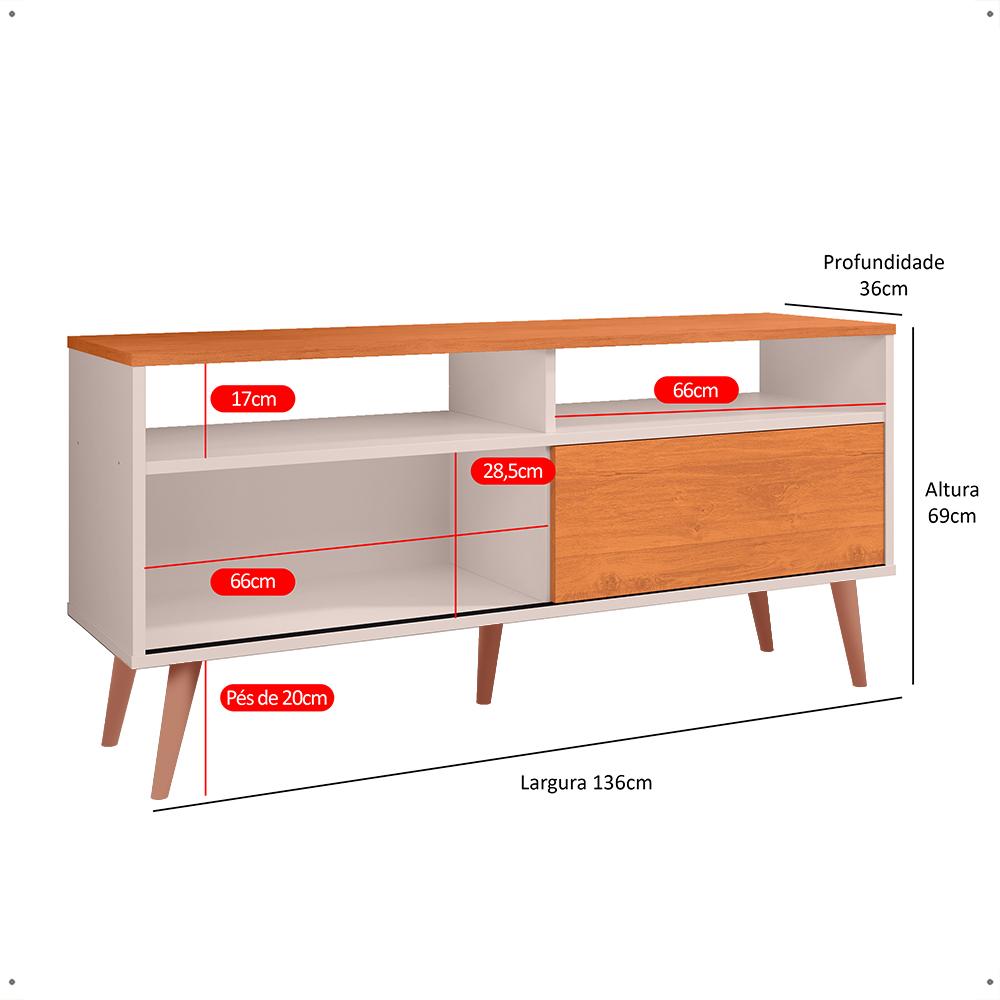 Rack Bancada Home Samba Estante Tv 55 Polegadas Nicho Organizador Porta Correr Sala Quarto Pequeno Retrô - Off White/Cinamomo - RPM