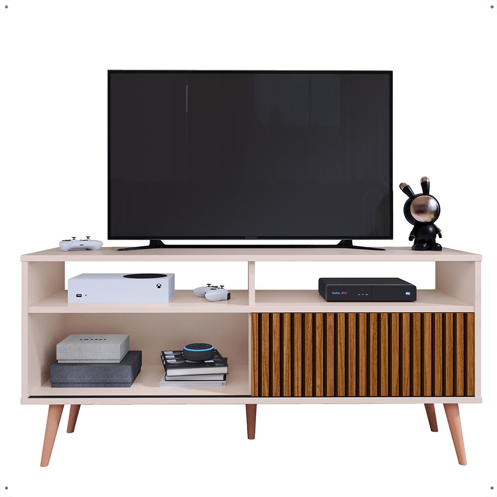 Rack Bancada Home Samba Estante Tv 55 Polegadas Nicho Organizador Porta Correr Sala Quarto Pequeno Retrô - Off White/Ripado - RPM