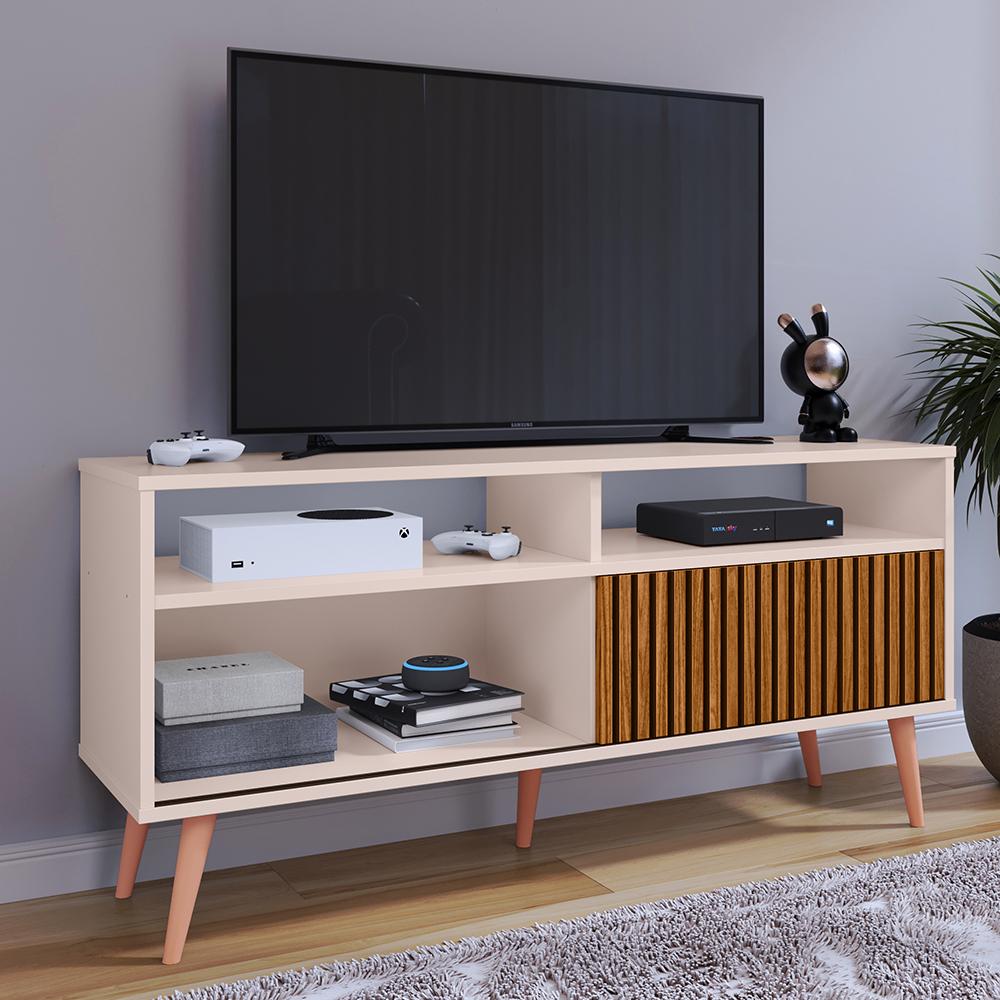 Rack Bancada Home Samba Estante Tv 55 Polegadas Nicho Organizador Porta Correr Sala Quarto Pequeno Retrô - Off White/Ripado - RPM