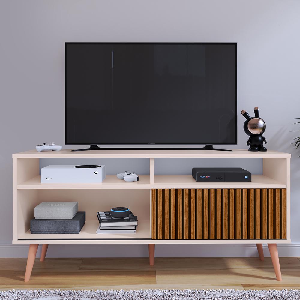 Rack Bancada Home Samba Estante Tv 55 Polegadas Nicho Organizador Porta Correr Sala Quarto Pequeno Retrô - Off White/Ripado - RPM