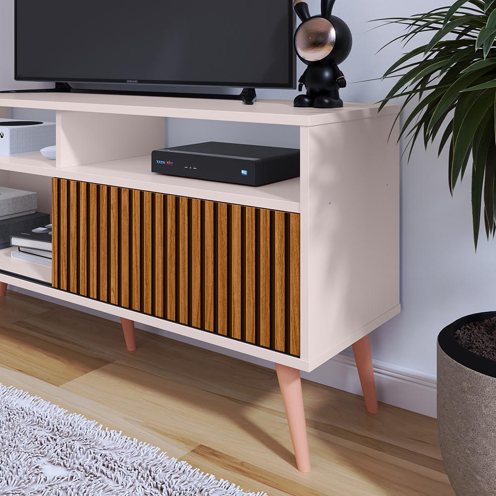 Rack Bancada Home Samba Estante Tv 55 Polegadas Nicho Organizador Porta Correr Sala Quarto Pequeno Retrô - Off White/Ripado - RPM