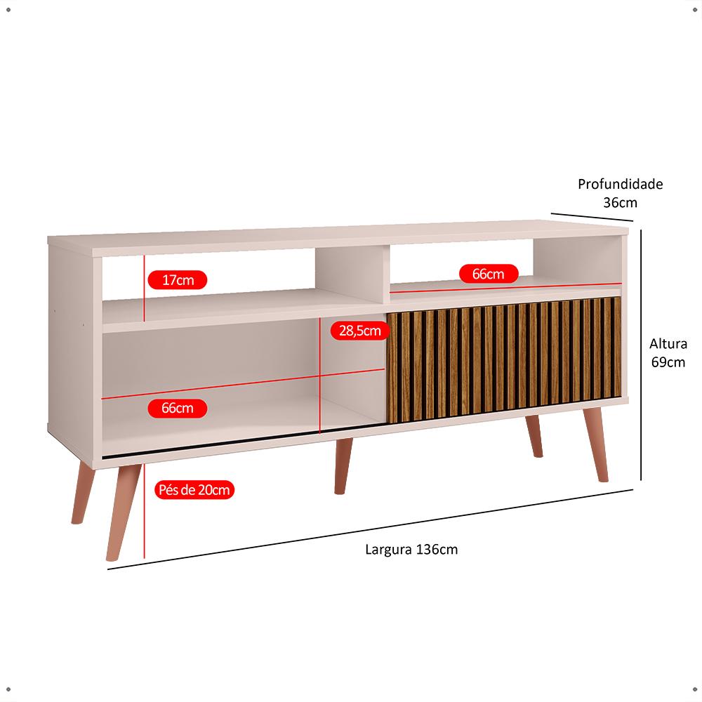 Rack Bancada Home Samba Estante Tv 55 Polegadas Nicho Organizador Porta Correr Sala Quarto Pequeno Retrô - Off White/Ripado - RPM