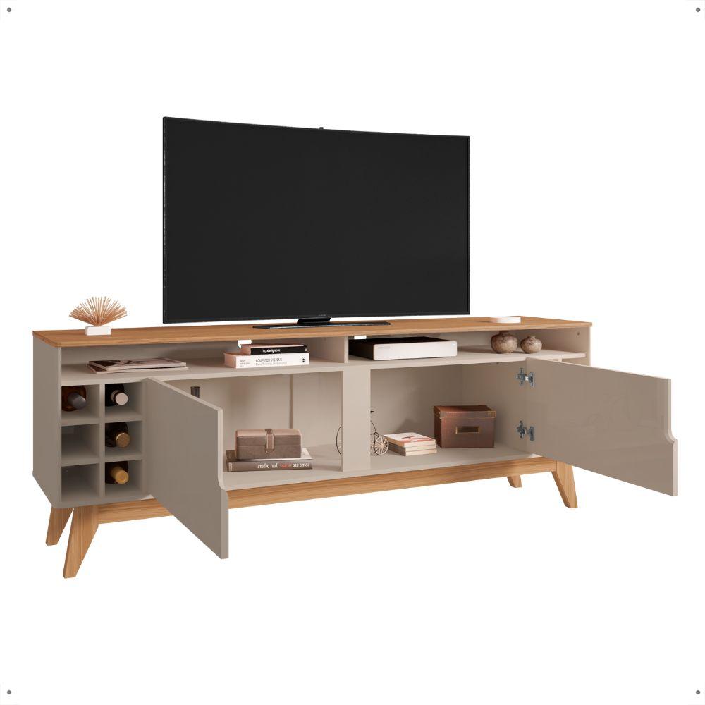 Rack Bancada Wine TV 60" Nicho 2 Portas Pés Madeira Vintage Adega Vinho Cantinho Bar Sala Quarto Retrô Off White/Noce - RPM