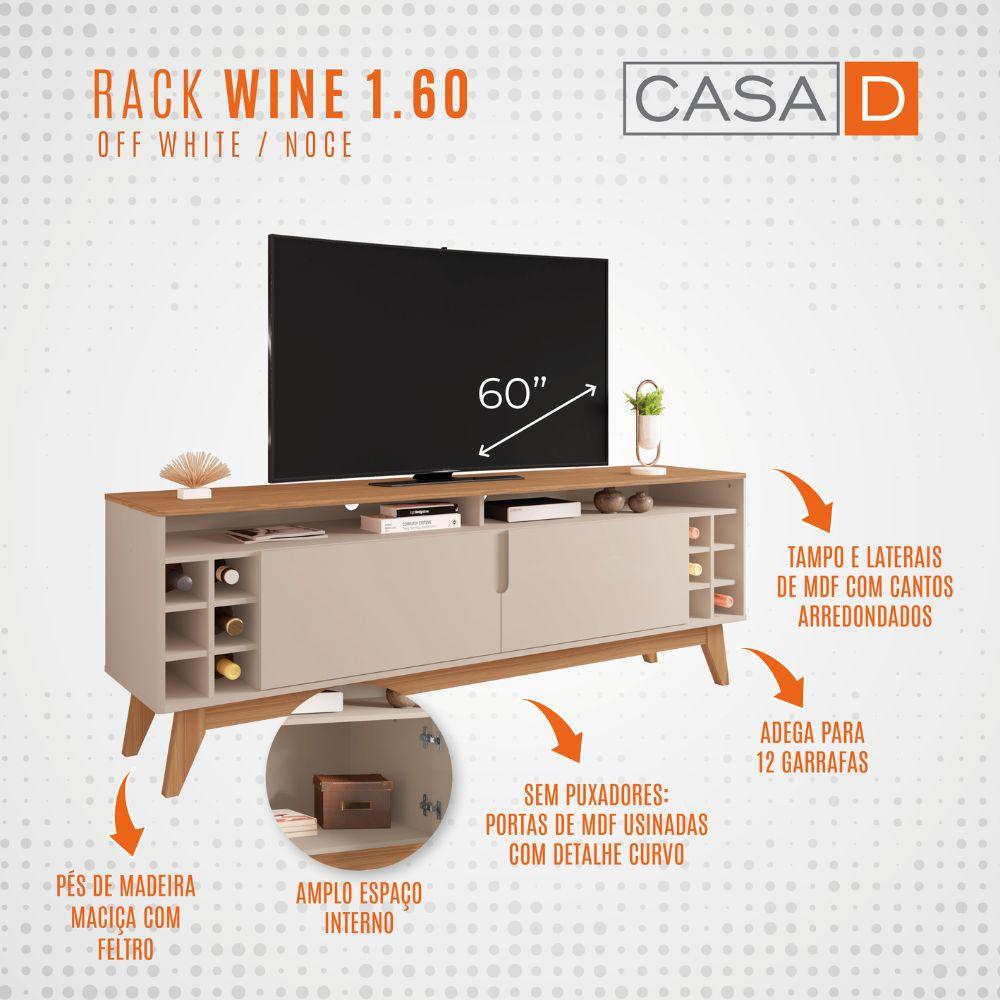 Rack Bancada Wine TV 60" Nicho 2 Portas Pés Madeira Vintage Adega Vinho Cantinho Bar Sala Quarto Retrô Off White/Noce - RPM