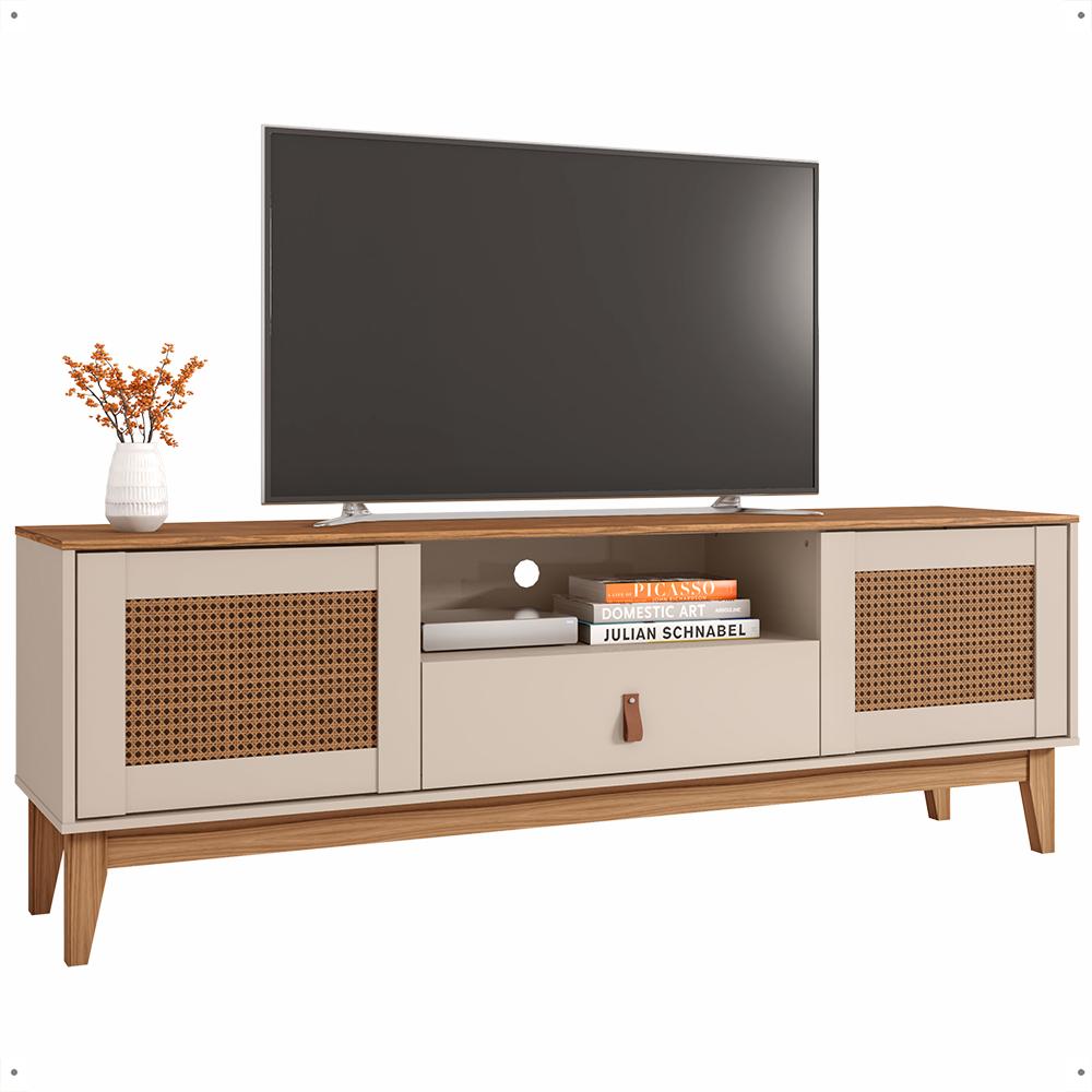 Rack Esmeralda 1.6 Tv 60 Polegadas 2 Portas 1 Gaveta Prateleira Organizadora Nichos Pés Madeira Maciça Off White/Noce - Lojas RPM