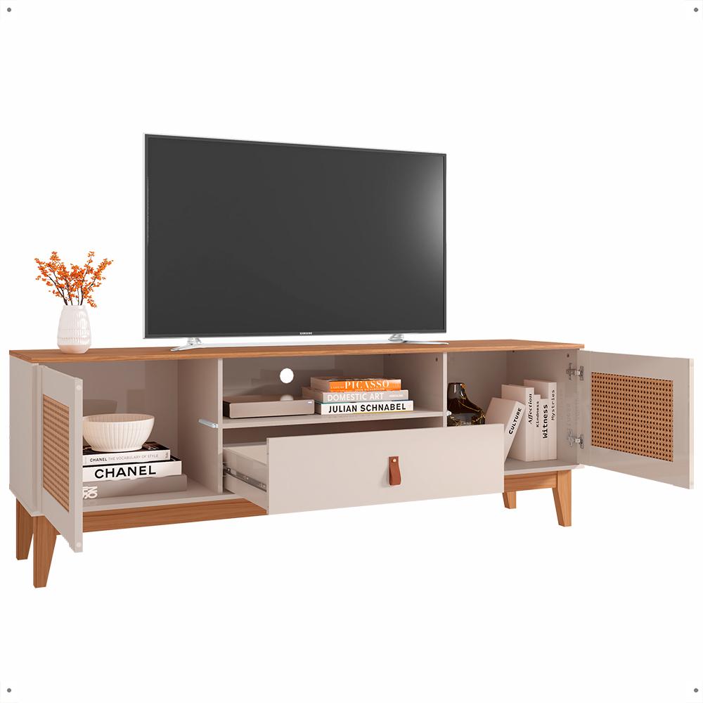 Rack Esmeralda 1.6 Tv 60 Polegadas 2 Portas 1 Gaveta Prateleira Organizadora Nichos Pés Madeira Maciça Off White/Noce - Lojas RPM