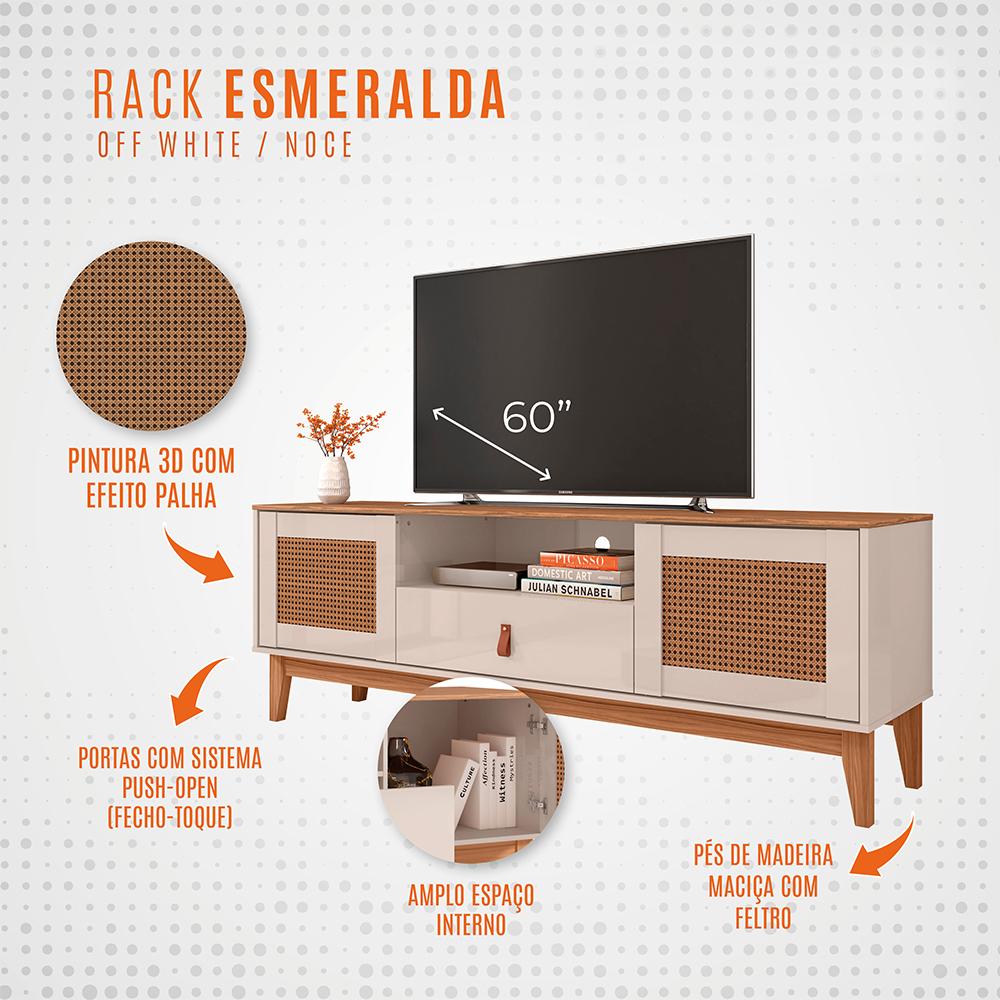 Rack Esmeralda 1.6 Tv 60 Polegadas 2 Portas 1 Gaveta Prateleira Organizadora Nichos Pés Madeira Maciça Off White/Noce - Lojas RPM