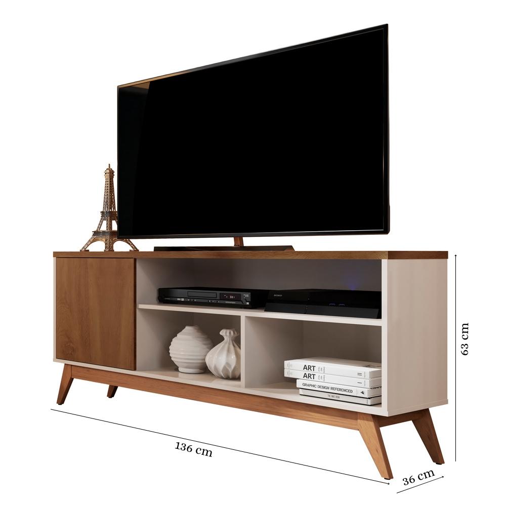 Rack Malbec Wood 1 Porta Nicho Prateleira Pés Madeira Maciça Decoração Sala Estar Tv 52 Polegadas Off White/Freijó - Lojas RPM