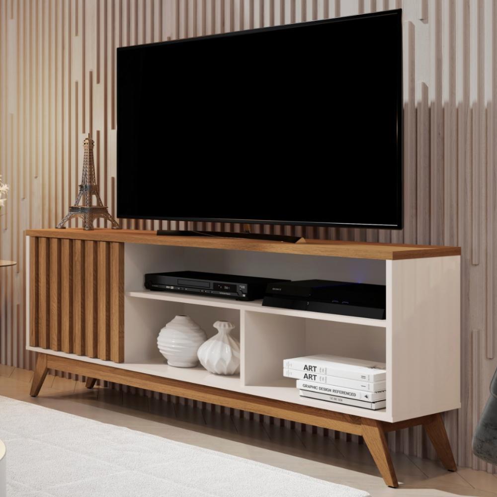 Rack Malbec Wood Ripado Tv 52 Polegadas Nicho Decorativo Prateleira Organizadora 1 Porta Pés Madeira Off White/Freijó - Lojas RPM