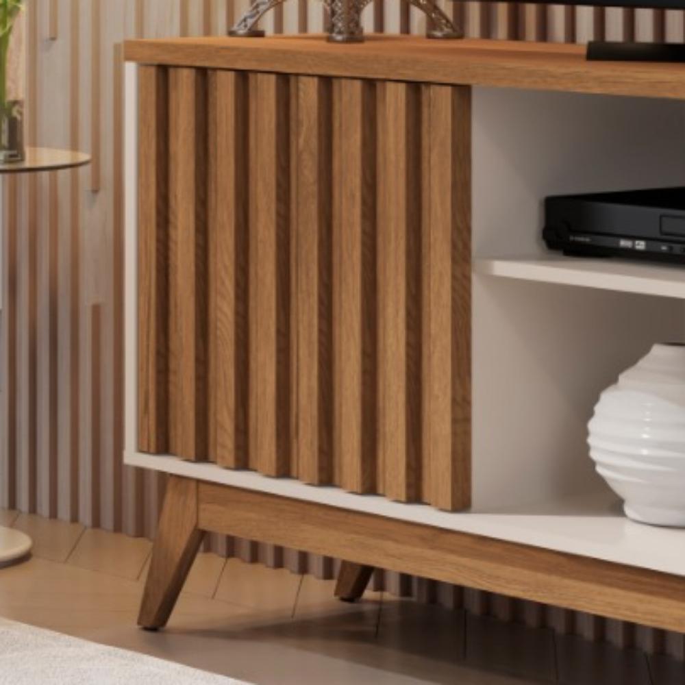 Rack Malbec Wood Ripado Tv 52 Polegadas Nicho Decorativo Prateleira Organizadora 1 Porta Pés Madeira Off White/Freijó - Lojas RPM