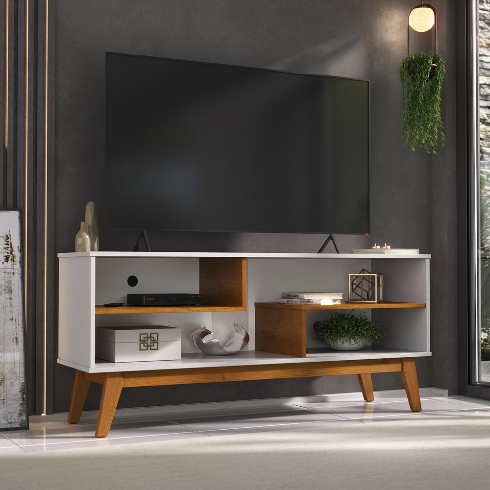Rack Nature 1.36 Tv 40 42 43 50 55 Polegadas Nichos Prateleiras Pés Madeira Decoração Sala Estar Vintage Branco Acetinado/Cinamomo - Lojas RPM