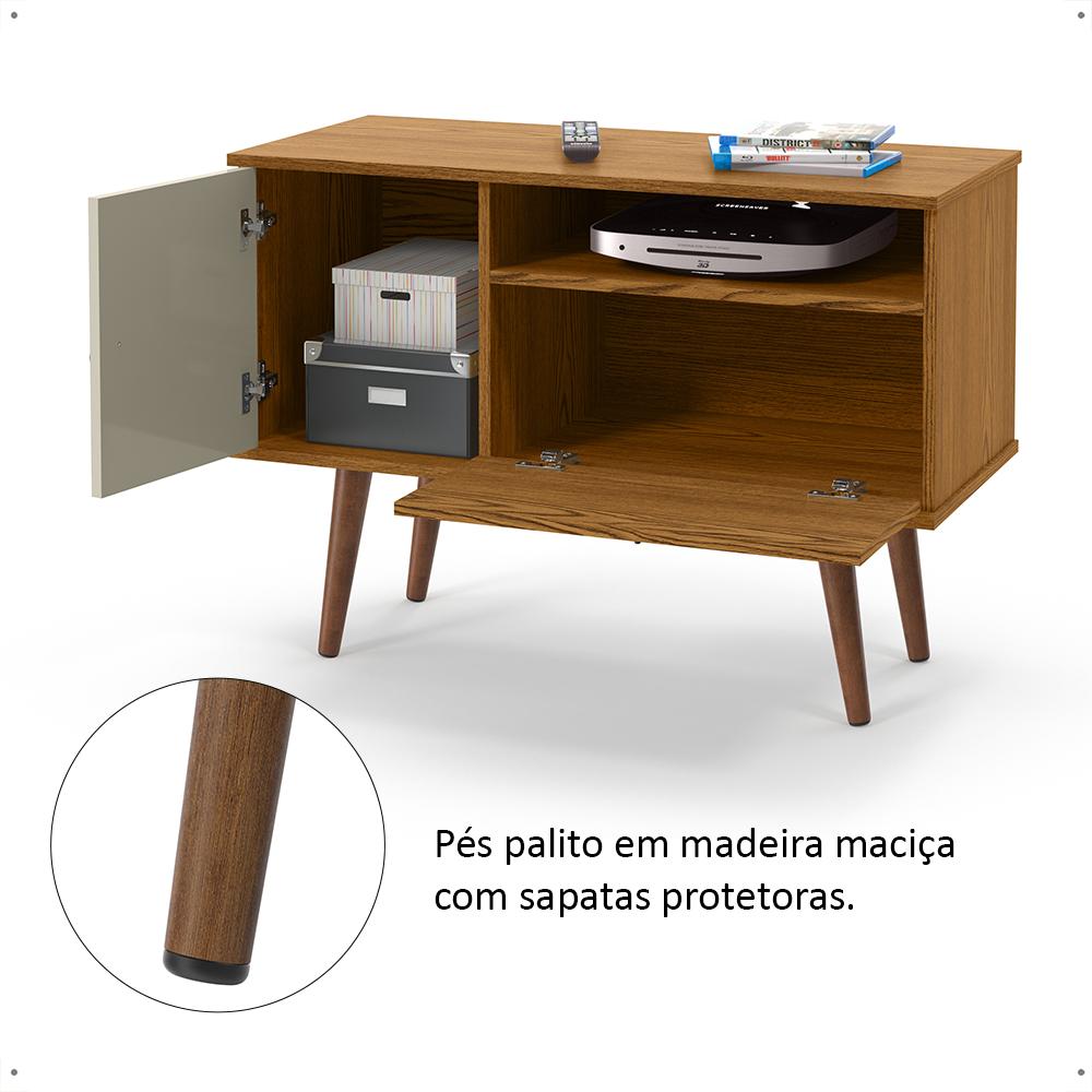 Rack Retrô Yan Tv 32 Polegadas 2 Portas Puxadores Metal Pés Palito Madeira Maciça Decoração Sala Estar Cinamomo/Off White - Lojas RPM