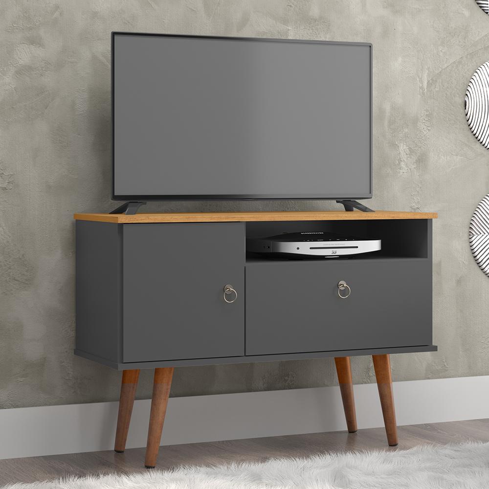 Rack Retrô Yan Tv 32 Polegadas 2 Portas Puxadores Metal Pés Palito Madeira Maciça Decoração Sala Estar Grafite/Cinamomo - Lojas RPM