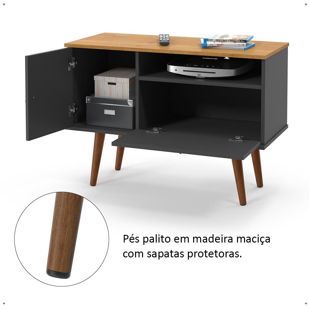Rack Retrô Yan Tv 32 Polegadas 2 Portas Puxadores Metal Pés Palito Madeira Maciça Decoração Sala Estar Grafite/Cinamomo - Lojas RPM