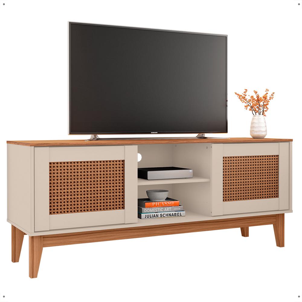Rack Safira 1,35 Tv 60 Polegadas 2 Portas Pés Madeira Maciça Decoração Clássica Sala Estar Off White/Noce - Lojas RPM